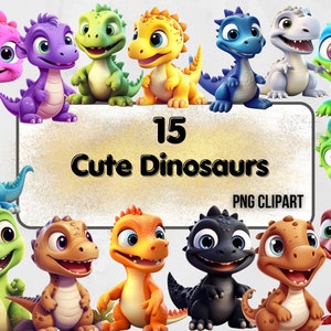 Cute Dinosaurs Clipart,  Cartoon Style Dino Fairy Tale Kid Book Characters Nursery Themed Graphics Commercial Use PNG Transparent