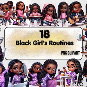 Puede incluir: Un conjunto de 18 ilustraciones digitales que representan a niñas negras en diversas rutinas diarias. Las ilustraciones son de estilo de dibujos animados y presentan una variedad de actividades, como leer, tocar música y prepararse para la escuela. El texto "18 Black Girl's Routines PNG CLIPART" se muestra en la parte inferior de la imagen.