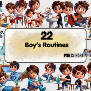 May include: A set of 22 cartoon illustrations of a boy performing various daily routines, such as reading, playing music, brushing teeth, and playing soccer. The illustrations are in a colorful cartoon style and are perfect for use in children's books, educational materials, or other creative projects. The text "22 Boy's Routines PNG CLIPART" is included in the image.