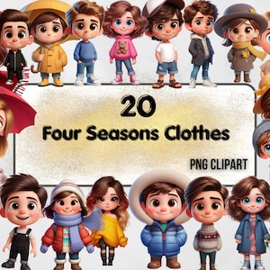 Niño y niña de dibujos animados, ropa de temporada, niños de Pixar, imágenes prediseñadas de dibujos animados, ropa de verano, ropa de otoño, PNG digital