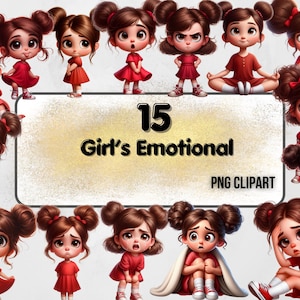 Girl's emotions PNG clipart set, Cartoon girl with different facial expressions clipart, kids emotions, Kids illustrations, happy girl