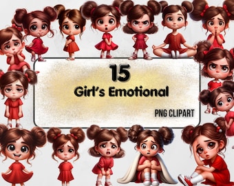 May include: A set of 15 digital illustrations of girls with different emotions. The girls are all cartoon-style and have red hair and red dresses. The text "15 Girl's Emotional PNG CLIPART" is at the bottom of the image.