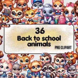Pacote de clipart de animais fofos de volta às aulas, PNG de animais fofos, decoração de sala de aula, download digital, material escolar