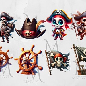 May include: A set of colorful cartoon pirate themed illustrations. The set includes a pirate skull and crossbones flag, a pirate ship wheel, a pirate hat, and a pirate skeleton character.