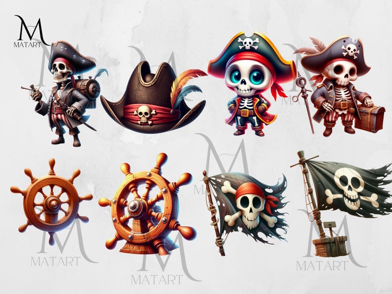 May include: A set of colorful cartoon pirate themed illustrations. The set includes a pirate skull and crossbones flag, a pirate ship wheel, a pirate hat, and a pirate skeleton character.