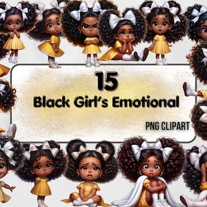 Conjunto de imágenes prediseñadas PNG de emociones de niña negra, niña de dibujos animados con diferentes expresiones faciales, emociones de niños africanos, ilustraciones para niños