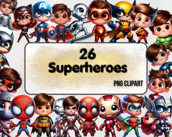 Superhjälte Clipart-paket: 26 PNG-klistermärken (digital nedladdning)