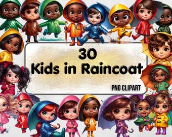 Niños con impermeable, imágenes prediseñadas de lluvia, niños lindos con paraguas, niños de dibujos animados png, imágenes prediseñadas de dibujos animados, otoño