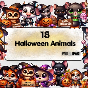 Cute Halloween animals clipart digital download, Halloween animals bundle, forest cute animals png, baby Halloween animals clipart