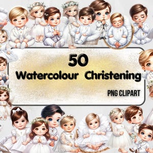 Collezione Clipart di battesimo per bambini ad acquerello, 50 PNG Clipart di battesimo, Clipart di battesimo per bambine e bambini, Pacchetto per festa di battesimo