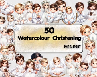 May include: A set of 50 watercolor illustrations of children in white clothing, perfect for christening invitations or cards. The illustrations are in a soft, whimsical style and feature a variety of poses and expressions.  The text "50 Watercolor Christening PNG Clipart" is displayed at the top of the image.