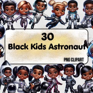Conjunto de imágenes prediseñadas de niños astronautas africanos, imágenes prediseñadas de niñas y niños de dibujos animados, niños negros, ilustraciones para niños, imágenes prediseñadas espaciales, imágenes prediseñadas de astronautas