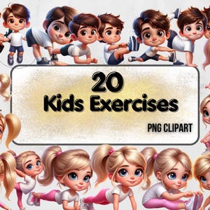 May include: 20 illustrations of children performing various exercises. The illustrations are in a cartoon style and feature children of different ages and ethnicities. The illustrations are perfect for use in educational materials, children's books, or websites.