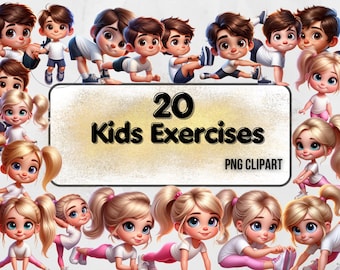 Kids Exercise Clipart: Cartoon Boy and Girl Png (Instant Download)