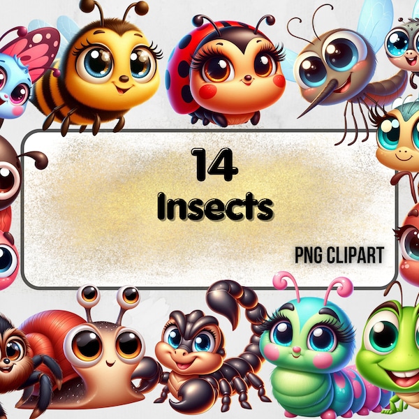 Insectes mignons Clipart Style cartoon animaux conte de fées enfant livre personnages pépinière thème graphiques usage commercial PNG transparent