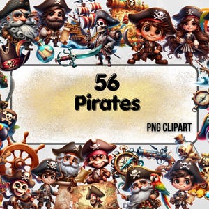 Imágenes prediseñadas de piratas / Paquete de 56 imágenes prediseñadas de alta calidad de 300 ppp en formato PNG / Imágenes prediseñadas de mapa pirata / Imágenes prediseñadas de barco pirata / Fondo transparente