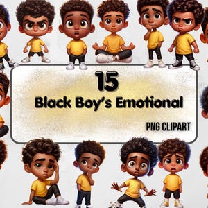 Black Boy's emotions PNG clipart set, Cartoon boy with different facial expressions clipart, Black  kids emotions, Kids illustrations