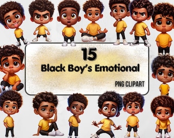 May include: A set of 15 digital clipart images featuring a Black boy with different facial expressions. The images are in PNG format and are labeled "15 Black Boy's Emotional PNG Clipart".