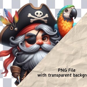 May include: A cartoon pirate with a red bandana, black eyepatch, and a black pirate hat with a skull and crossbones. The pirate is holding a sword and has a white beard. A blue and orange parrot is perched on the pirate's shoulder.