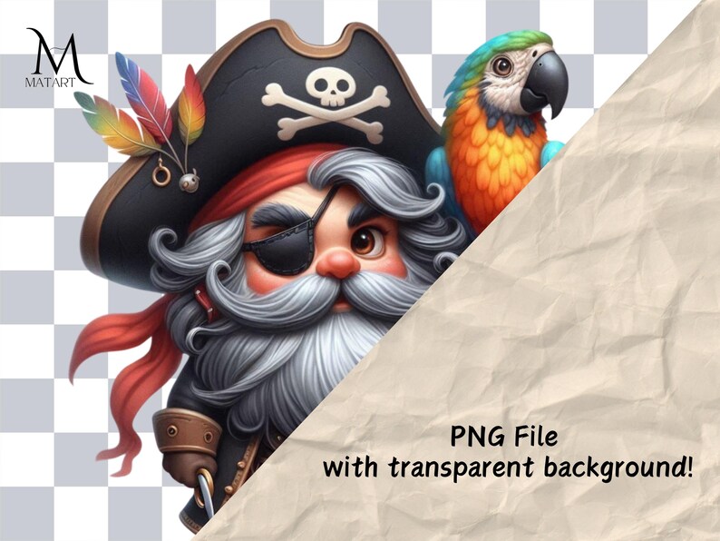 May include: A cartoon pirate with a red bandana, black eyepatch, and a black pirate hat with a skull and crossbones. The pirate is holding a sword and has a white beard. A blue and orange parrot is perched on the pirate's shoulder.