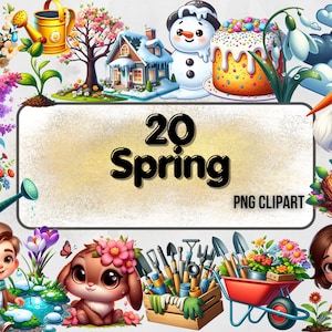Spring Clipart, Cute Spring Clipart, Seasonal Clipart, Instant Download, Cartoon Spring Clipart, Flowers Clipart, Birds Png