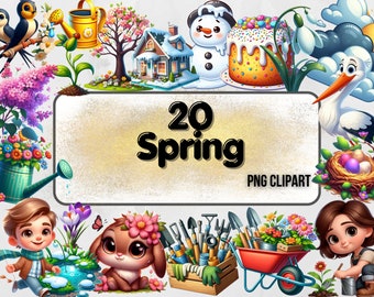 Spring Clipart, Cute Spring Clipart, Seasonal Clipart, Instant Download, Cartoon Spring Clipart, Flowers Clipart, Birds Png