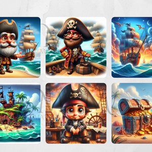 May include: A set of six digital illustrations featuring cartoon pirates in various settings. The illustrations include a pirate captain with a beard, a pirate with a treasure chest, a pirate ship sailing on the ocean, and a pirate island with palm trees.