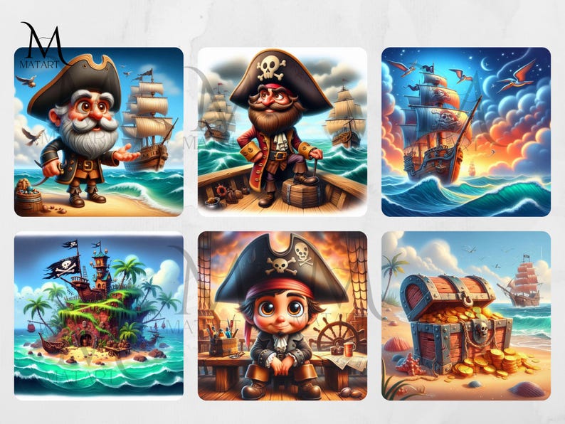 May include: A set of six digital illustrations featuring cartoon pirates in various settings. The illustrations include a pirate captain with a beard, a pirate with a treasure chest, a pirate ship sailing on the ocean, and a pirate island with palm trees.