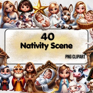 Clipart carino della scena della natività, illustrazione della nascita di Gesù, tre re, Maria vergine, png di Natale, Natale, download immediato per pubblicità