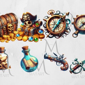May include: A collection of pirate-themed items, including a treasure chest with gold coins, a compass, a bottle with a rolled map, a pistol, and a sword.