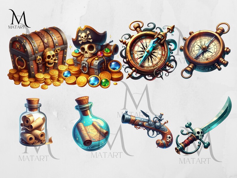 May include: A collection of pirate-themed items, including a treasure chest with gold coins, a compass, a bottle with a rolled map, a pistol, and a sword.