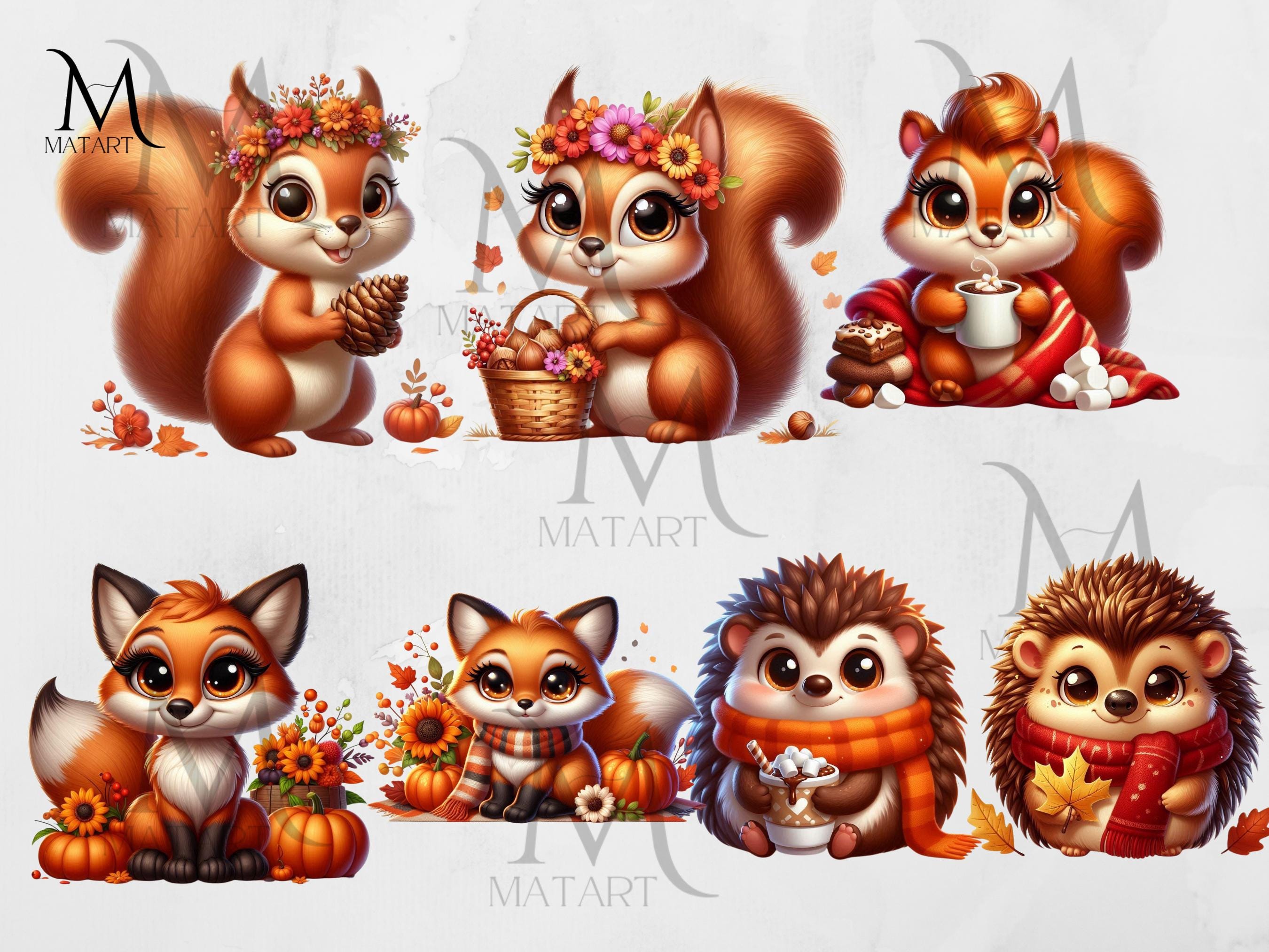 Cute Fall Animals Clipart Digital Download, Autumn Animals Bundle