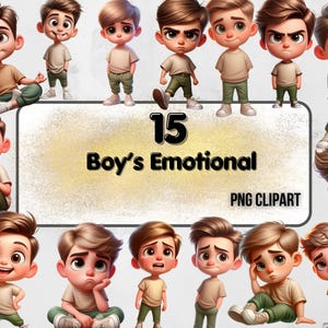Boy's emotions PNG clipart set, Cartoon boy with different facial expressions clipart, kids emotions, Kids illustrations, happy boy, emotion