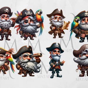 May include: Eight cartoon pirates with white beards, wearing black and red pirate costumes, holding various pirate accessories, including a parrot, a telescope, a sword, and a map.