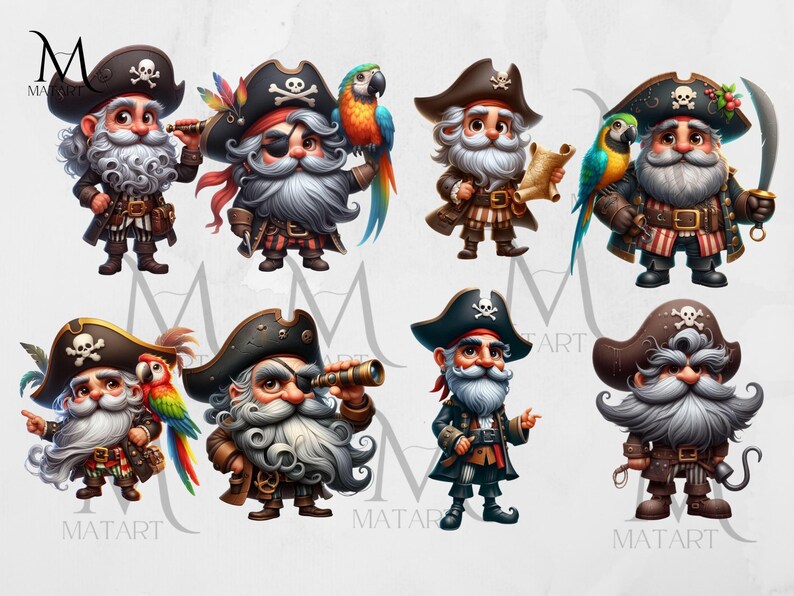 May include: Eight cartoon pirates with white beards, wearing black and red pirate costumes, holding various pirate accessories, including a parrot, a telescope, a sword, and a map.