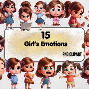 Zestaw clipartów Cute Kids Emotions PNG. Clipart z kreskówek z różnymi wyrazami twarzy. Odosobnione postacie, ilustracje akwarelowe