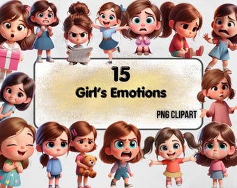 May include: A set of 15 digital illustrations of girls with different facial expressions. The girls are cartoon-like and have large eyes. The illustrations are in PNG format and are ideal for use in digital projects.