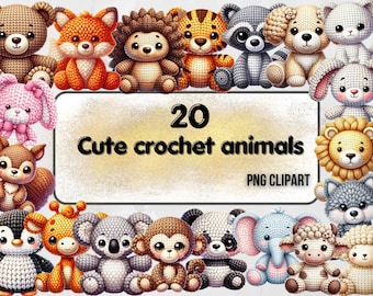 May include: 20 cute crochet animal illustrations in various colors, including a fox, a tiger, a penguin, a giraffe, a monkey, a lion, a koala, a cow, a hedgehog, a raccoon, a bunny, a bear, and more. PNG clipart.