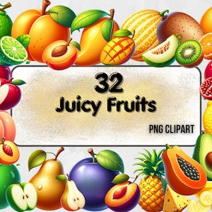 Graphiques de fruits joyeux - parfait pour un usage personnel et commercial, téléchargement immédiat, lot de cliparts de fruits colorés, ensemble de cliparts de fruits PNG