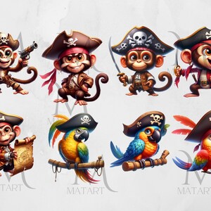 May include: Eight illustrations of pirates, including monkeys and parrots, wearing pirate hats with skull and crossbones. The monkeys are holding swords, pistols, and maps. The parrots are perched on branches.