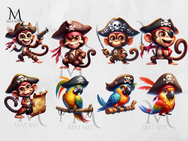 May include: Eight illustrations of pirates, including monkeys and parrots, wearing pirate hats with skull and crossbones. The monkeys are holding swords, pistols, and maps. The parrots are perched on branches.