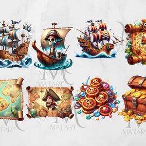 May include: A set of nine digital illustrations featuring pirate-themed imagery. The illustrations include a pirate ship, a treasure chest, a map, a skull and crossbones, and a pile of gold coins.