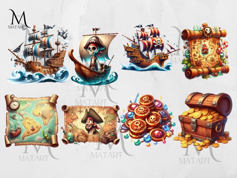 May include: A set of nine digital illustrations featuring pirate-themed imagery. The illustrations include a pirate ship, a treasure chest, a map, a skull and crossbones, and a pile of gold coins.