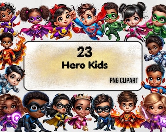 May include: A digital clipart set of 23 superhero kids. The kids are of various ethnicities and are wearing colorful superhero costumes. The image includes the text "23 Hero Kids PNG Clipart".
