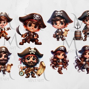 May include: Eight cartoon pirates, some with beards, wearing black and red pirate hats with skull and crossbones, holding maps and swords.