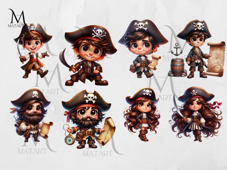 May include: Eight cartoon pirates, some with beards, wearing black and red pirate hats with skull and crossbones, holding maps and swords.