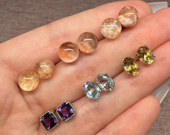 925 Silver Crystal Stud Earrings - YOU CHOOSE - Citrine - Amethyst - Topaz - Garden Quartz