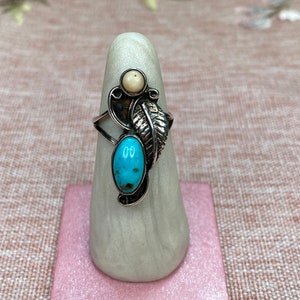 Turquoise & Pearl Feather Sterling Silver Ring Size 5