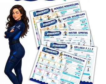 May include: A stack of four Hydrobenders class instruction sheets featuring titles Noodle Wranglers, Water Warriors, Water Sprites, and Animal Kingdom, alongside a cartoon character in a blue suit with the text Hydrobenders Shape, Feel & Control The Water.