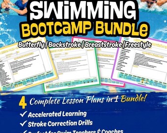 May include: A Swimming Bootcamp Bundle featuring four lesson plans for butterfly, backstroke, breaststroke, and freestyle. The digital document includes accelerated learning, stroke correction drills, and lesson plans for swim teachers and coaches.